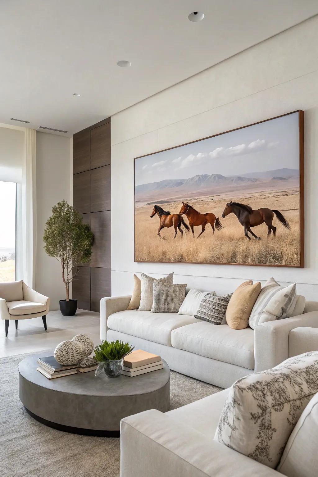 A dynamic painting of wild horses captures the untamed spirit of the West in this modern living room.