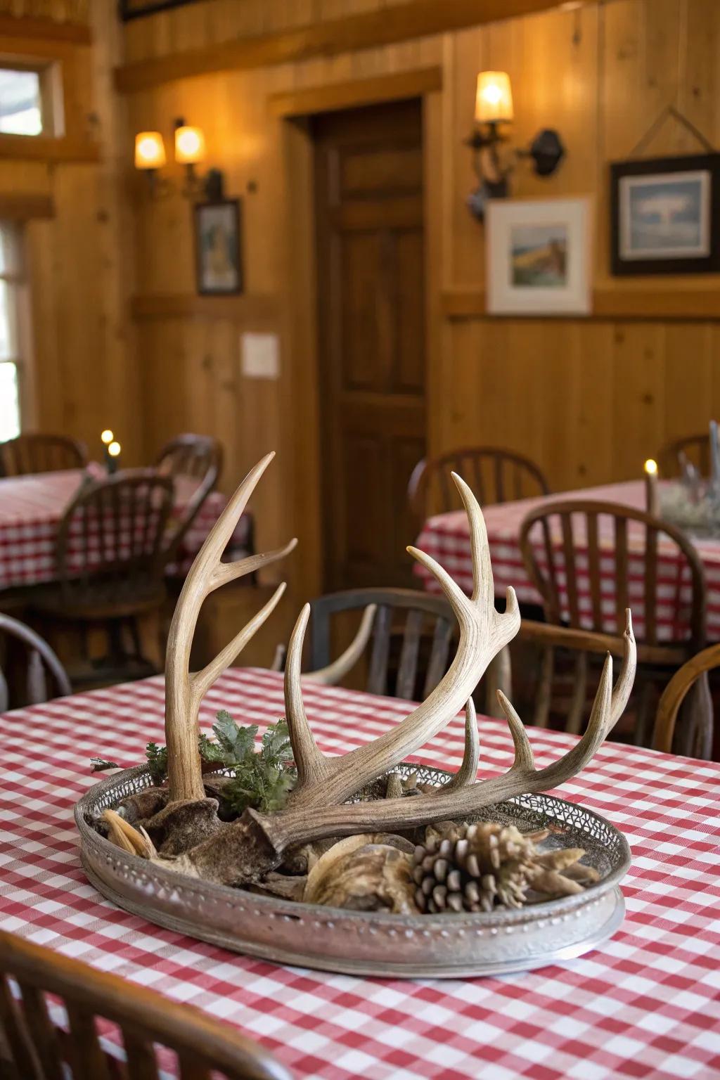 Assorted antlers adding a rustic touch to a Western table.