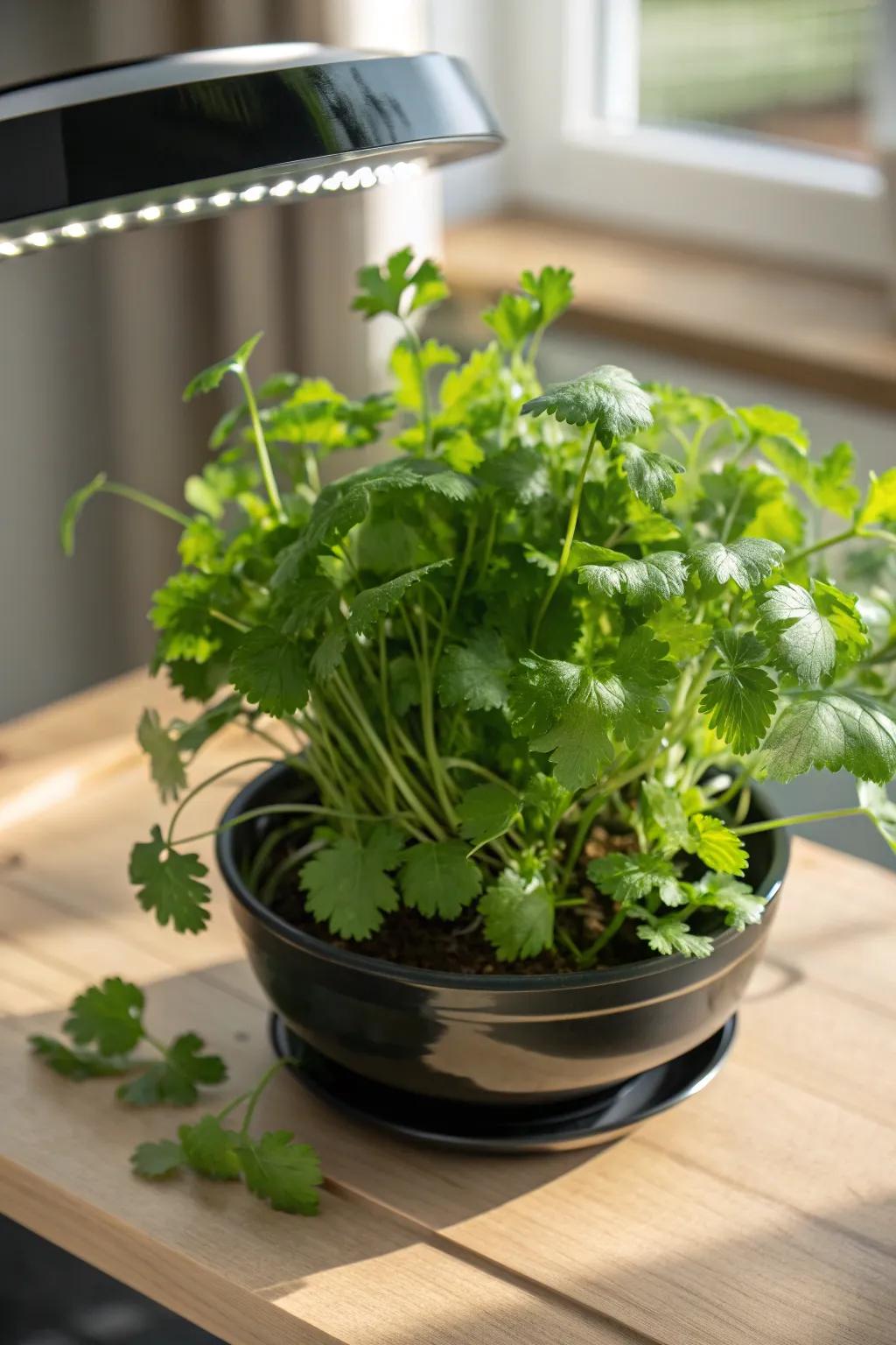 Elevate your kitchen with a touch of greenery and flavor—cilantro thriving beautifully in a minimalist Aerogarden.