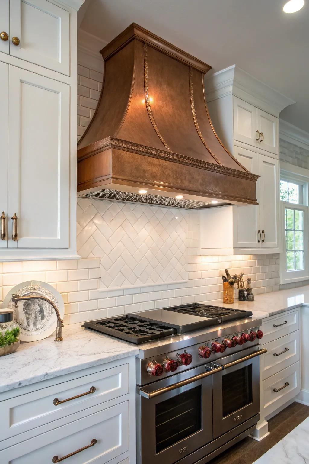 A copper range hood adds a bold, rustic touch to a sleek kitchen.