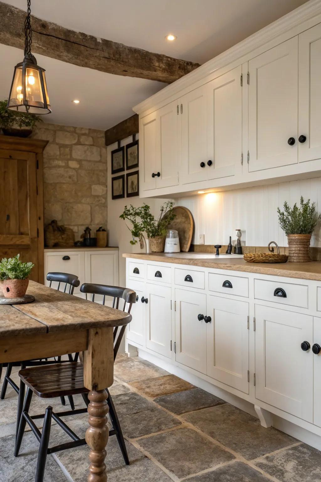 Farmhouse kitchen with petite black knobs on white cabinets.