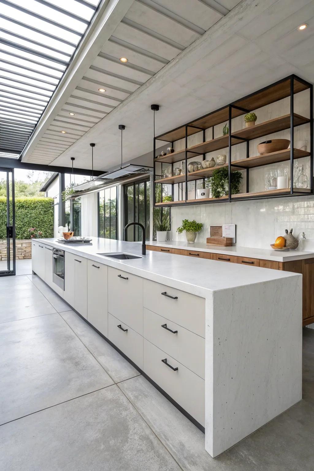 White concrete countertops add a modern, industrial touch.