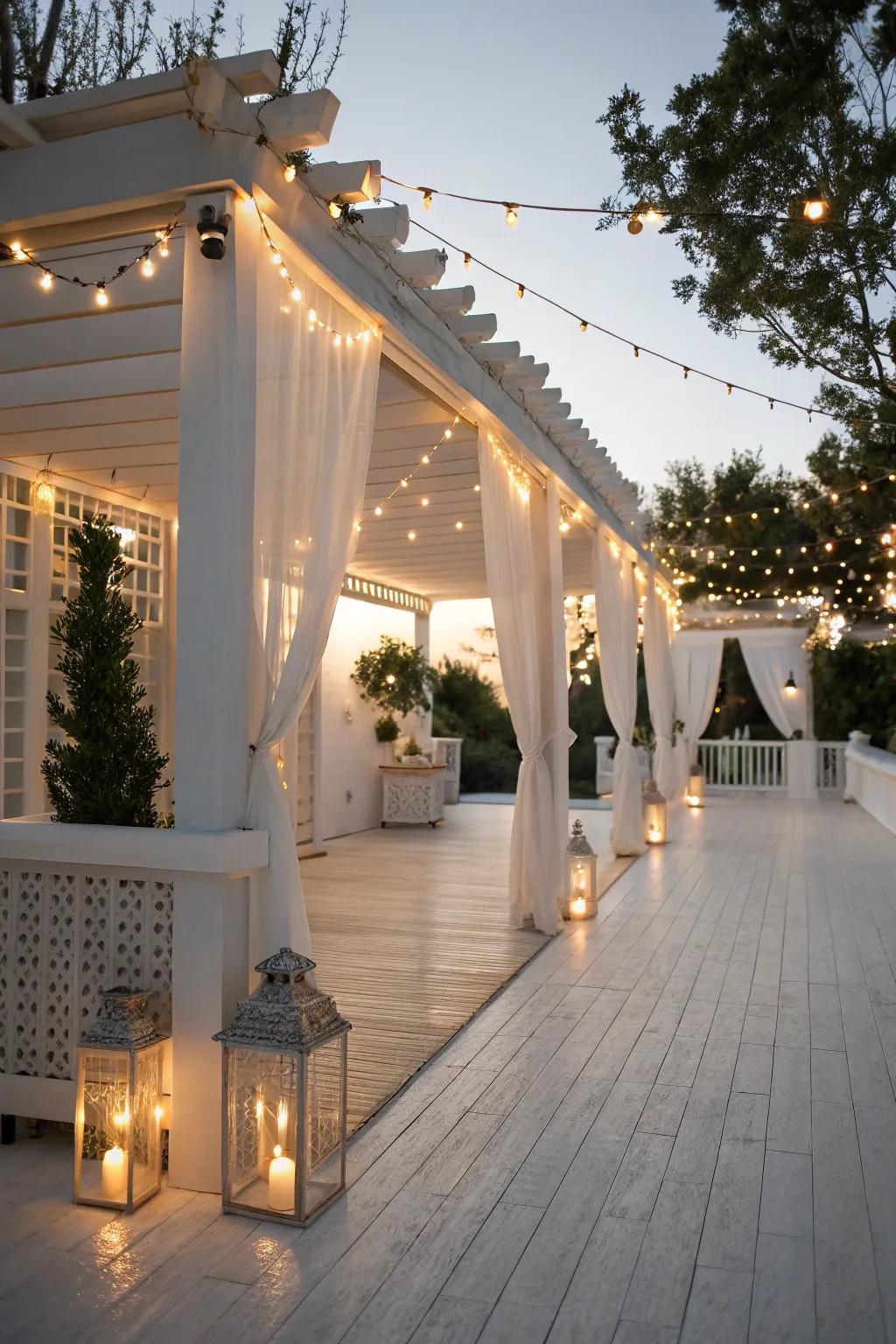 White lighting fixtures enhance the patio's serene ambiance.