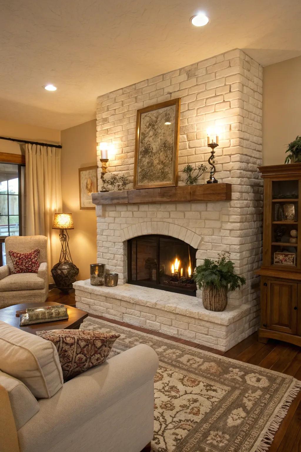 A semi-whitewashed brick fireplace adding warmth to a family room.