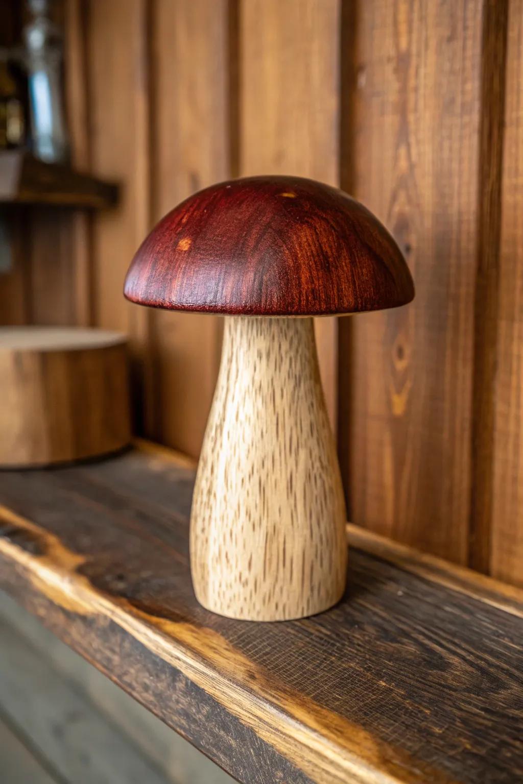 Add a touch of nature with this artfully whittled wooden mushroom—where craftsmanship meets whimsy.
