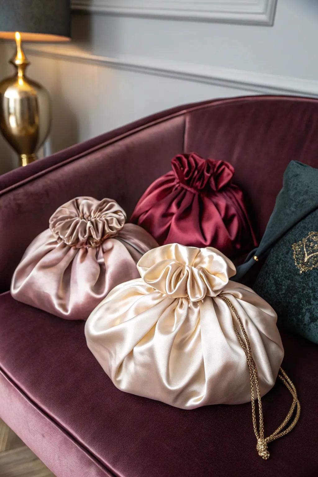 Luxurious silky fabric pouches for storing wigs.