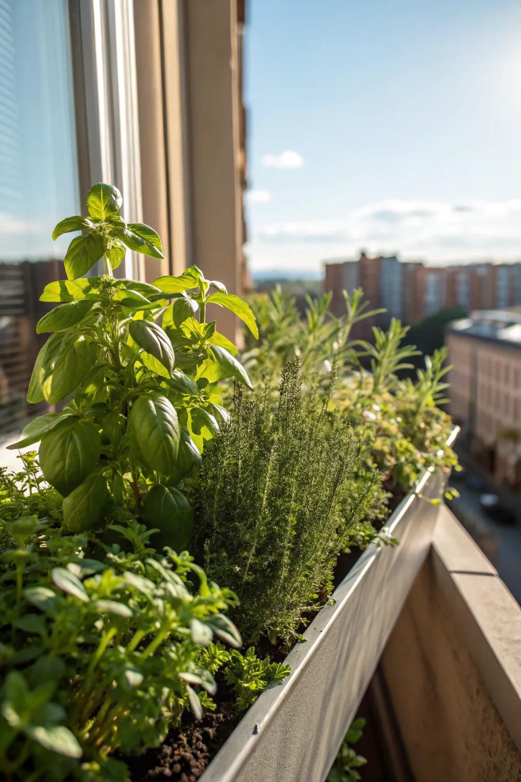 A practical and beautiful window box filled with fresh herbs, perfect for summer cooking.