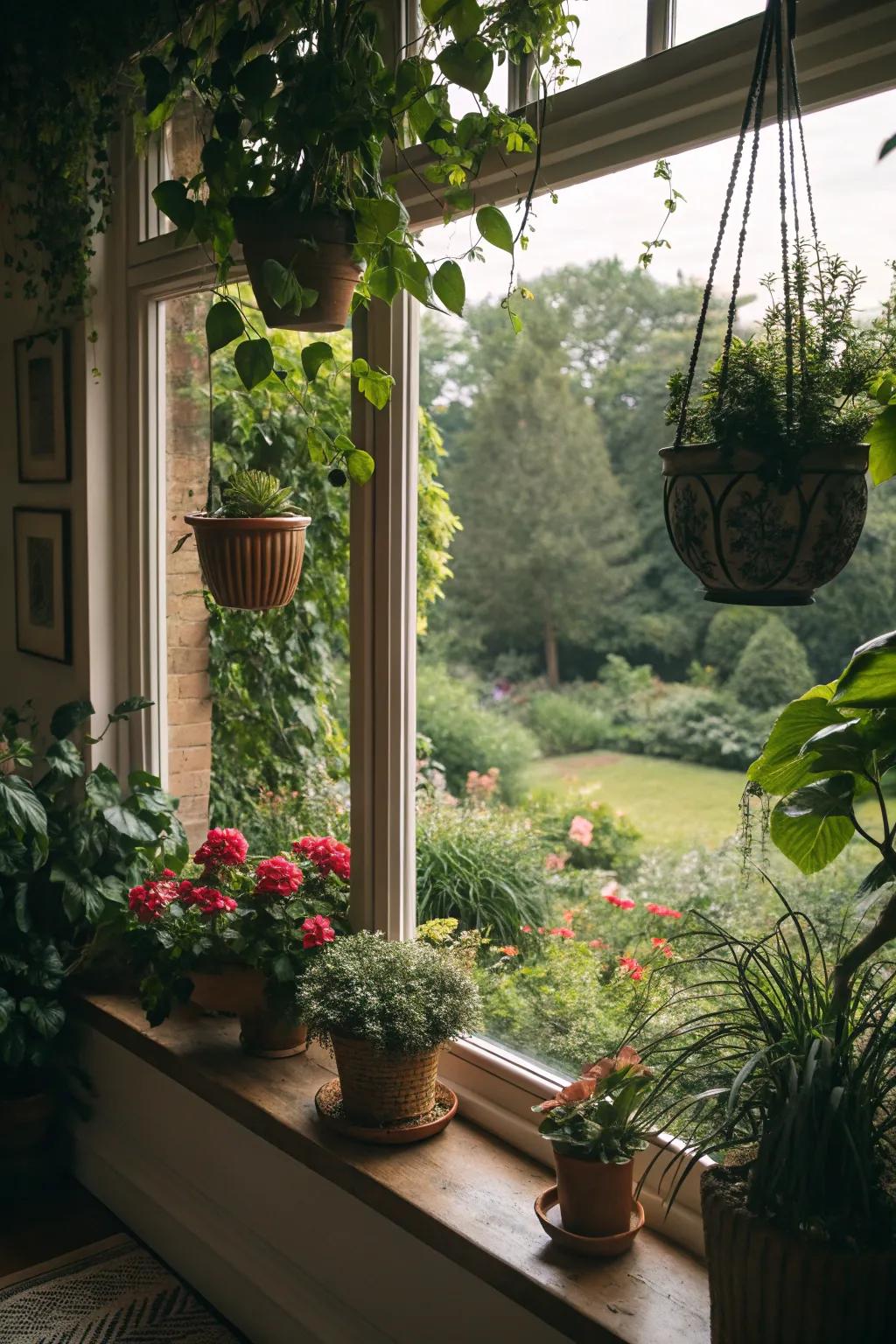 A garden view nook blurs the lines between indoor and outdoor relaxation.