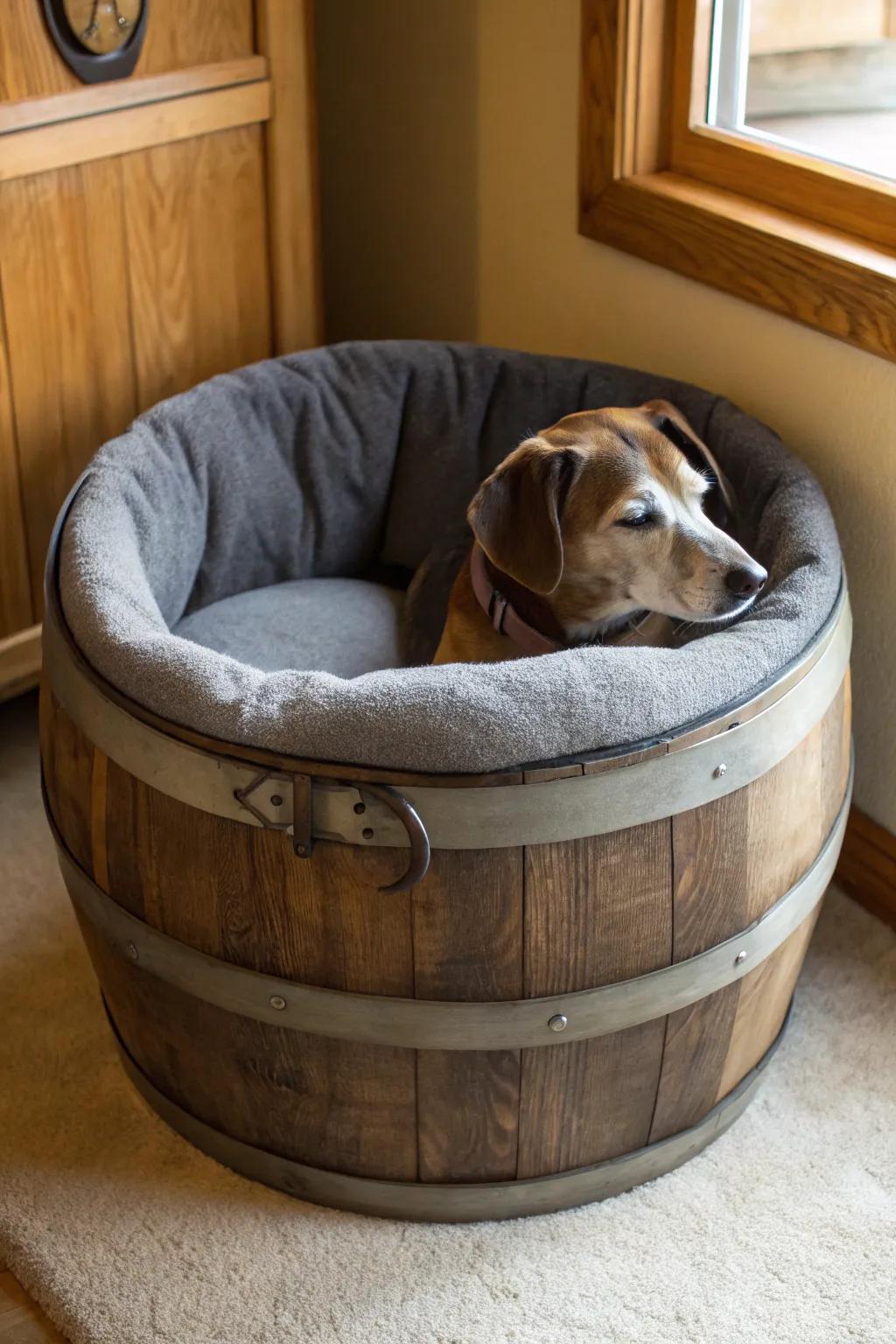 A wine barrel dog bed is the perfect cozy spot for your pet.