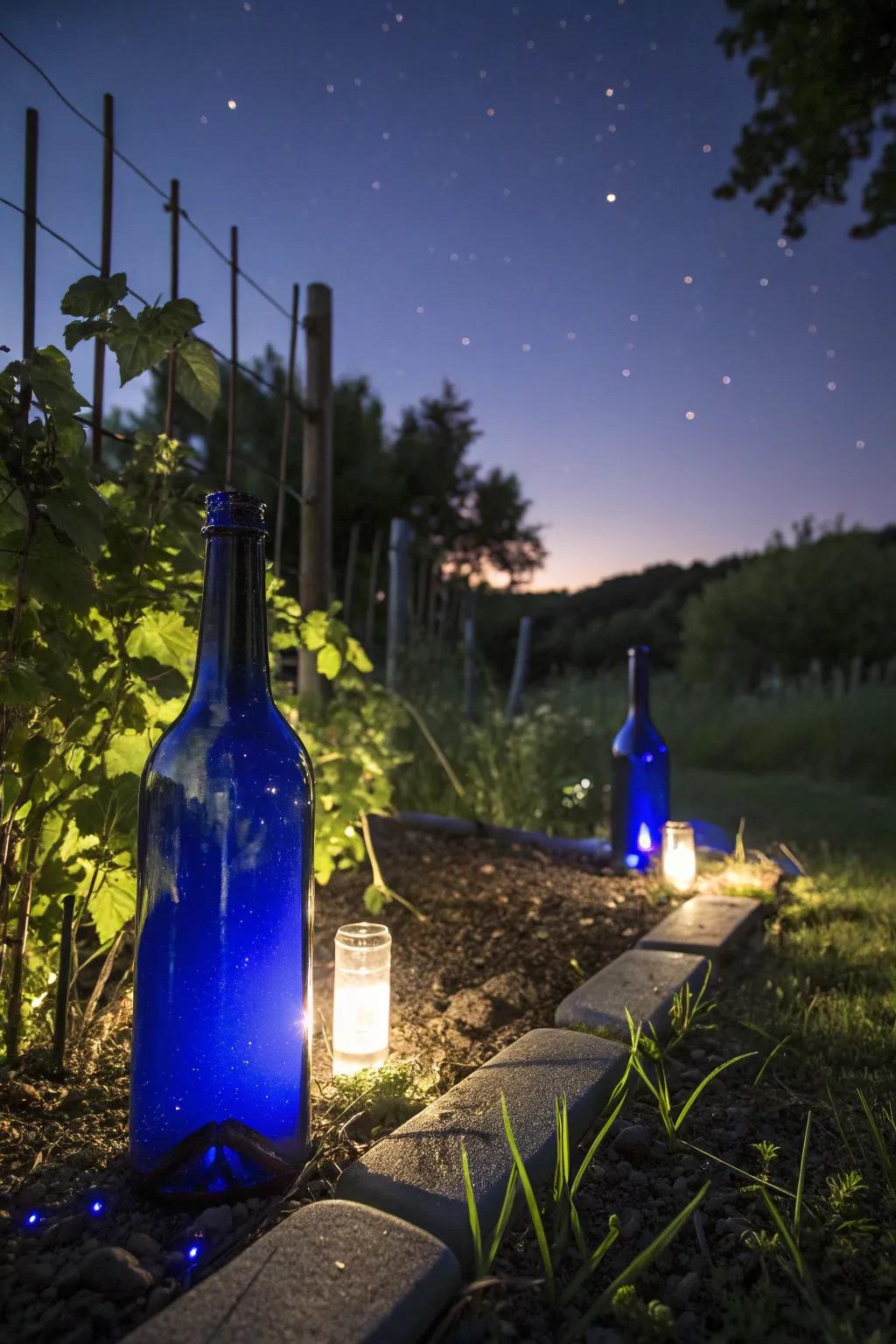 Illuminate your garden with solar-lit wine bottles.