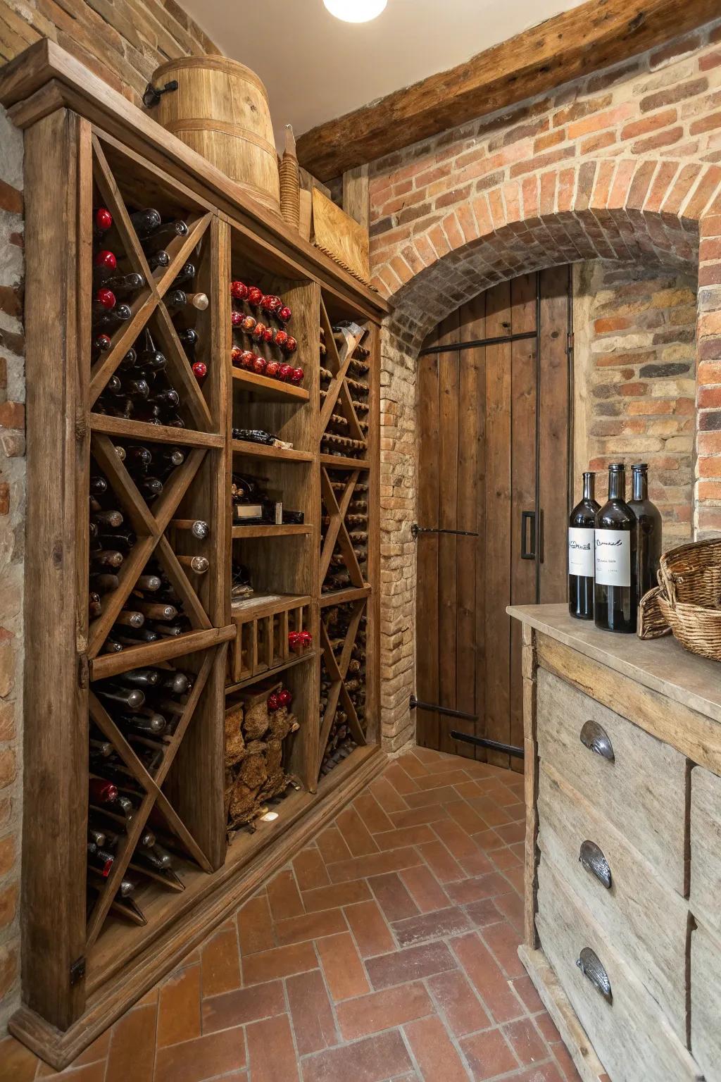 A rustic wine closet with warm wooden and brick elements