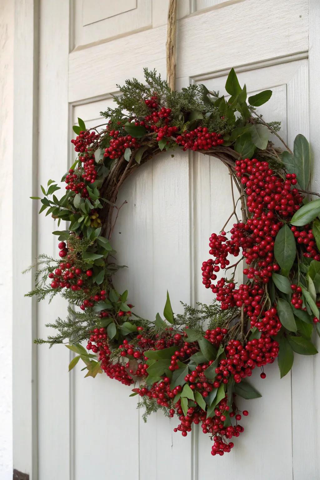 Vibrant winter berries make a bold statement on this grapevine wreath.