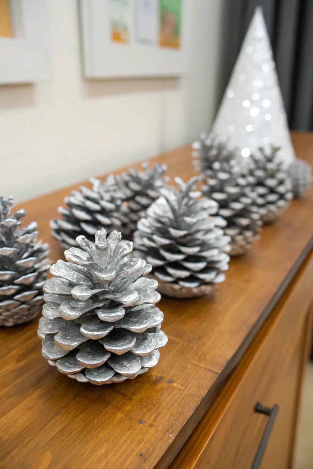 Pinecones add a rustic and frosted touch to your workspace.