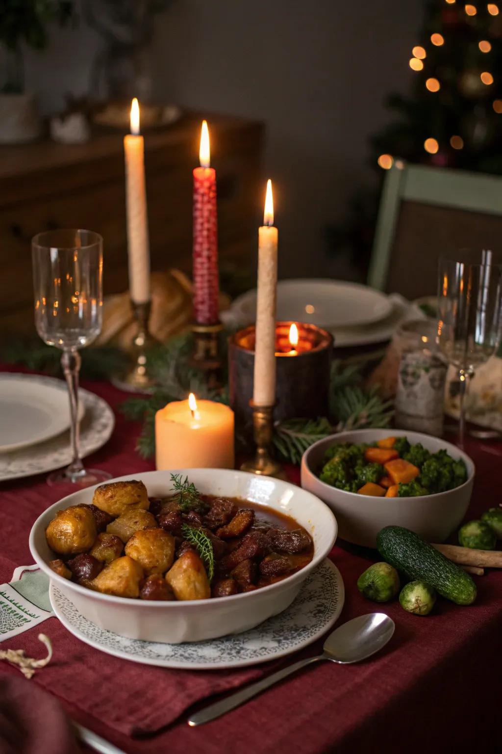 A candlelit supper sets the stage for a cozy evening with loved ones.