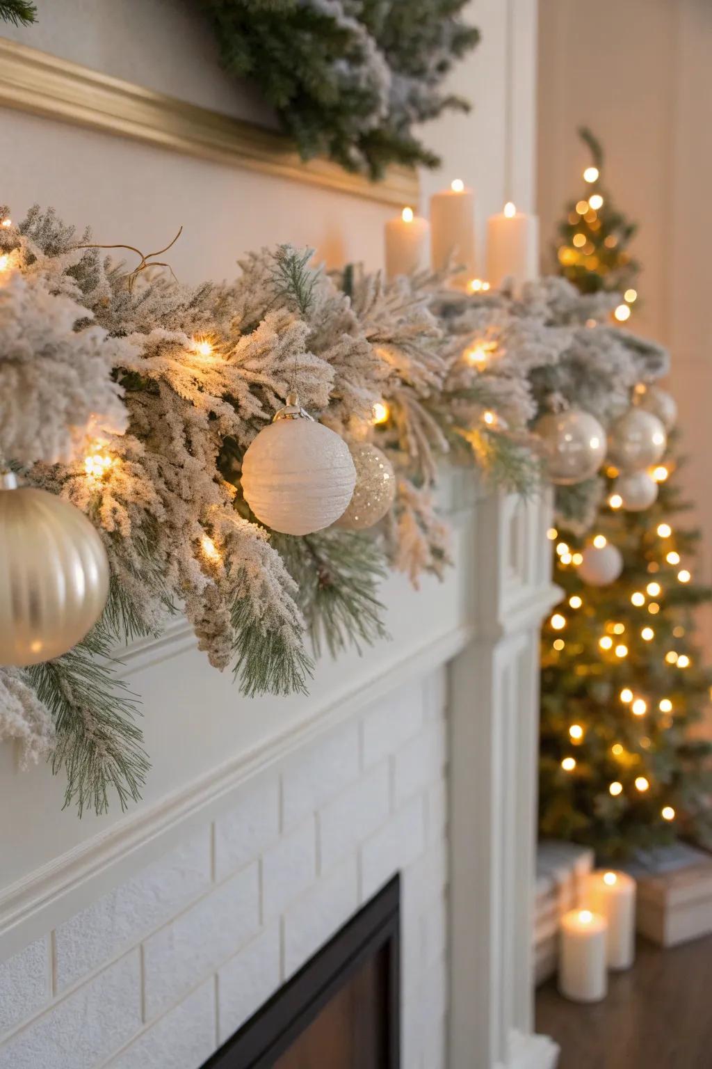 Flocked garlands bring the serene beauty of a snowy forest inside.