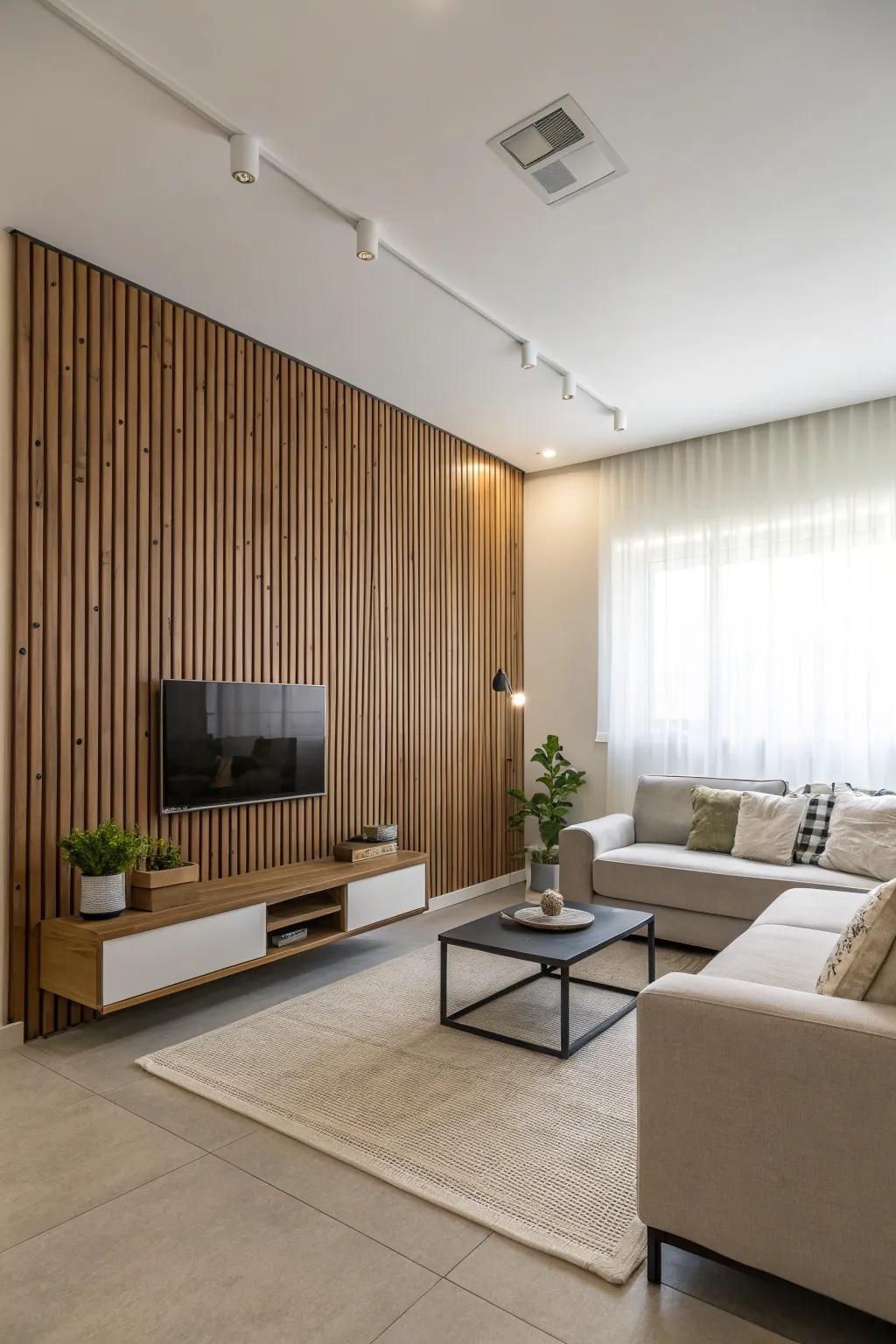 A small living room with vertical wood slat accent wall.