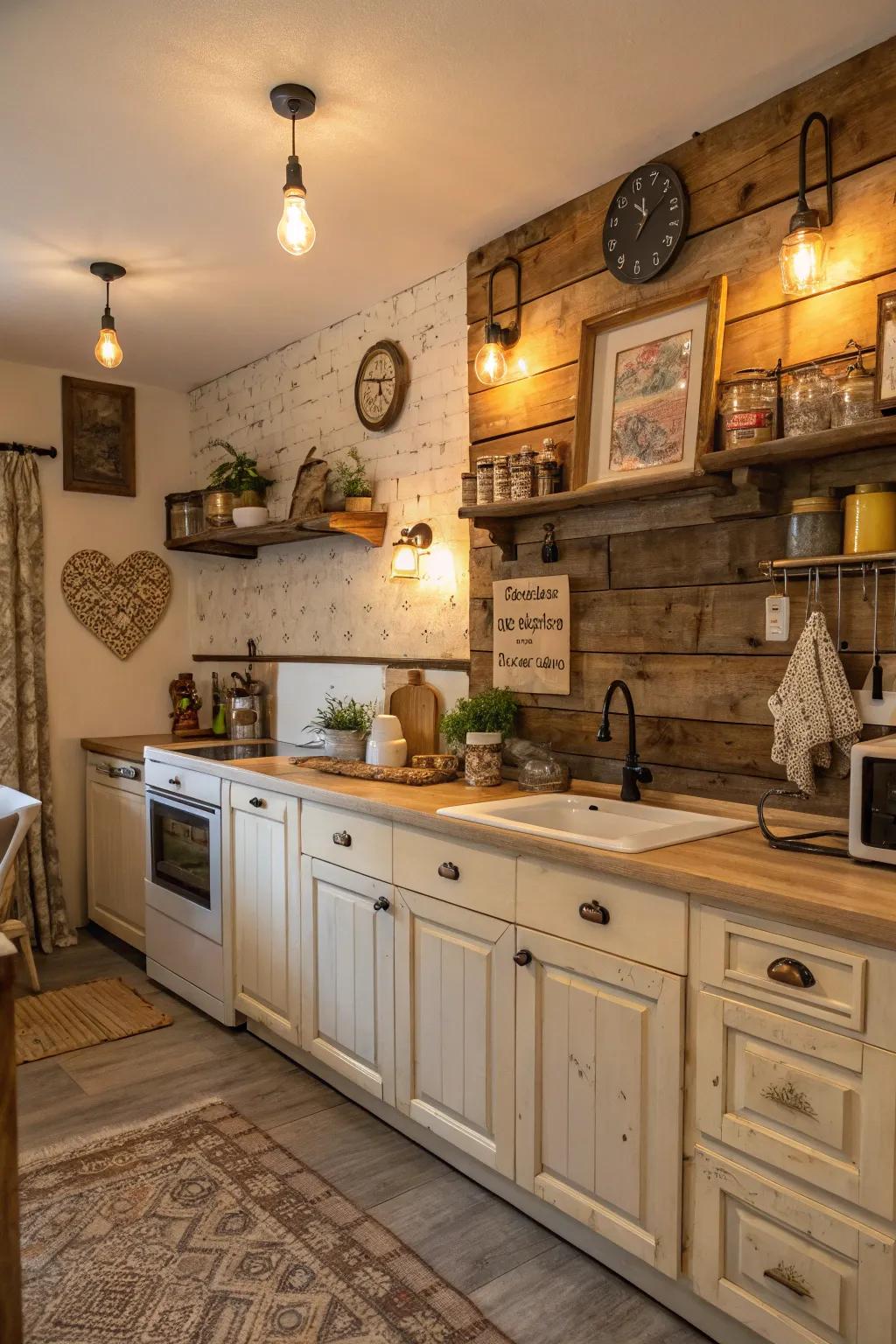 A cozy kitchen with a rustic pallet wood backsplash that adds character.