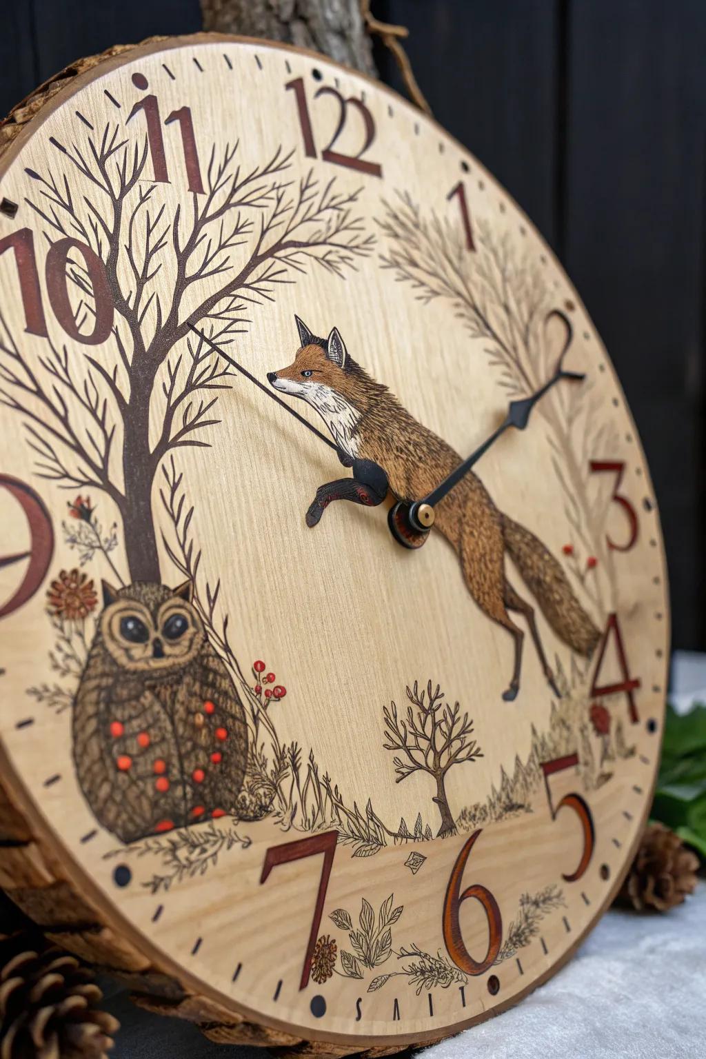 Capture the essence of time with a whimsical wildlife wood burning clock, where craftsmanship meets nature's charm.