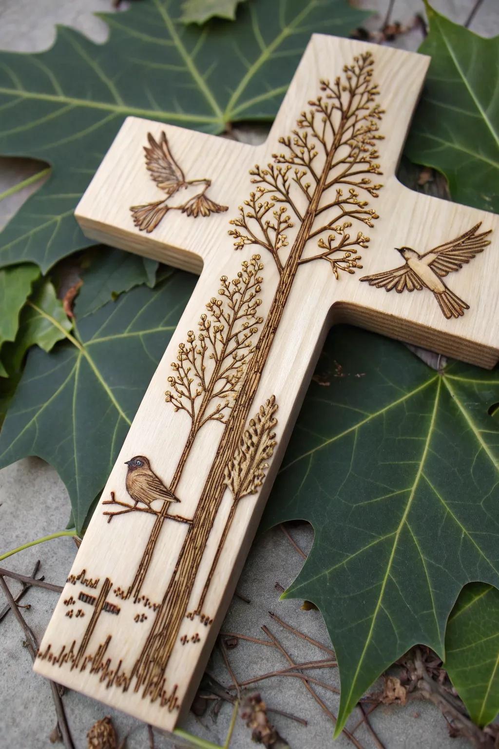 Nature-inspired designs bring the outdoors to your wooden cross decor.