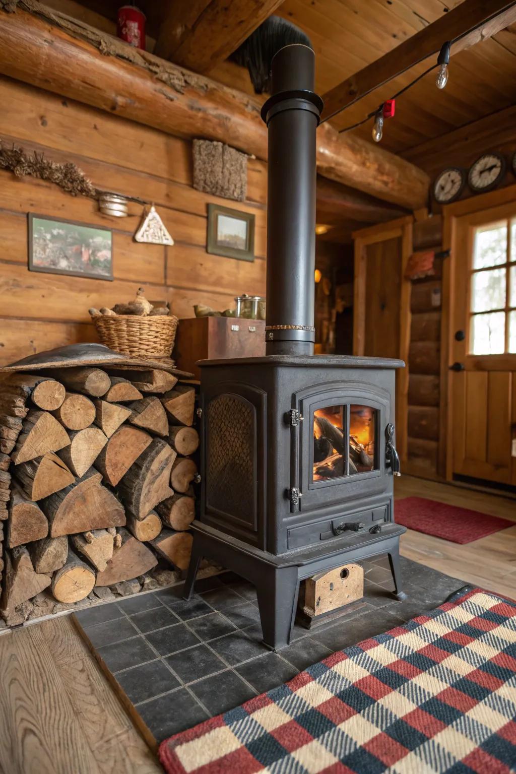 A wood stove with integrated log storage keeps the space tidy and organized.