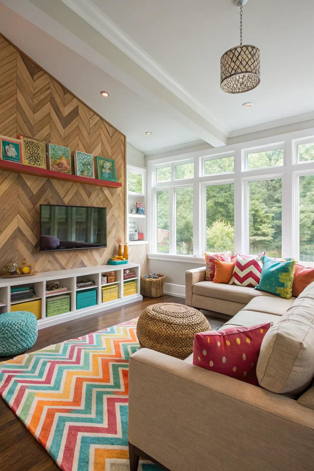 Vibrant family room with a chic chevron accent wall.