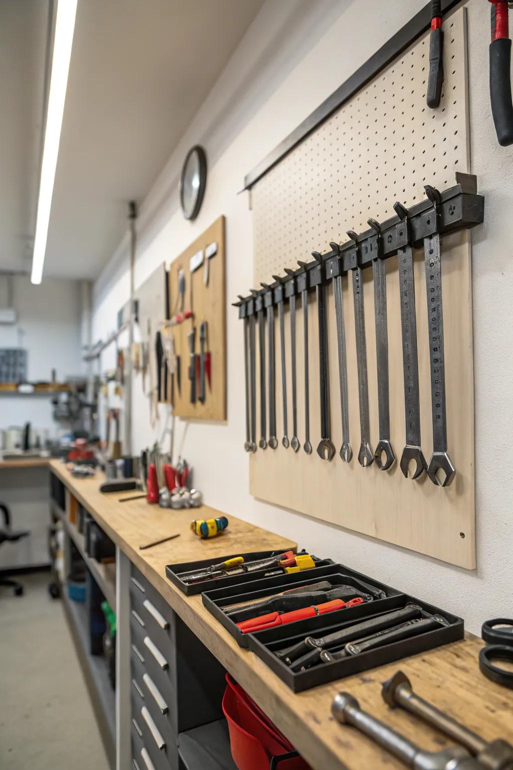 Magnetic strips keep metal tools within easy reach.