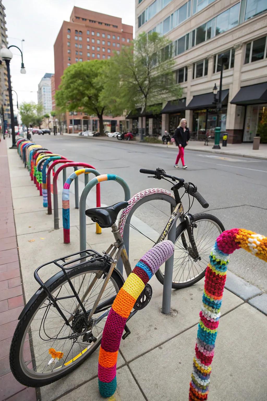 Yarn embellishments make this bike rack a standout feature.