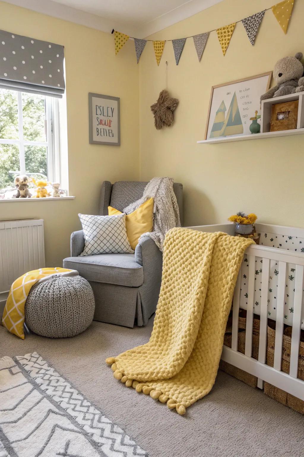 A sophisticated nursery using a yellow and gray color palette for a balanced ambiance.