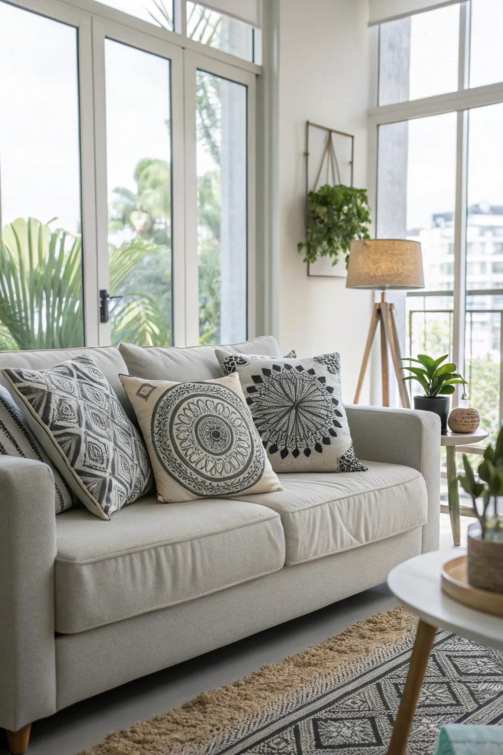 Zentangle pillows add a cozy touch to the sofa.