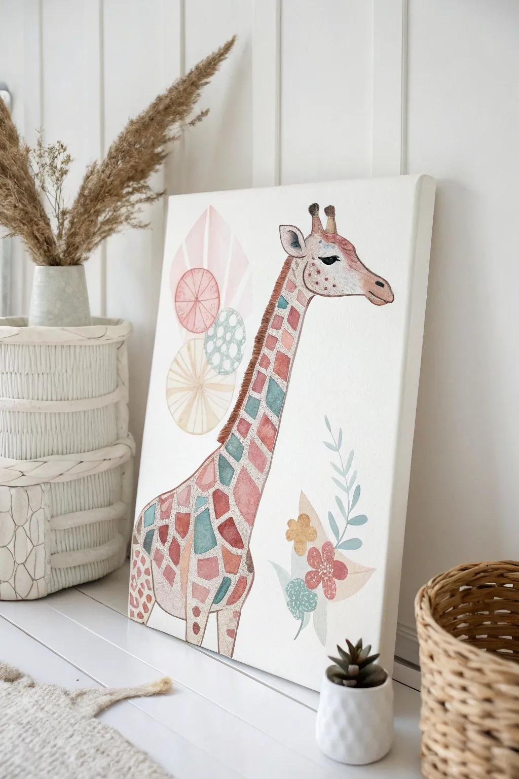 Add a touch of whimsy and charm to your space with this playful giraffe portrait, perfect for a minimalist's heart.