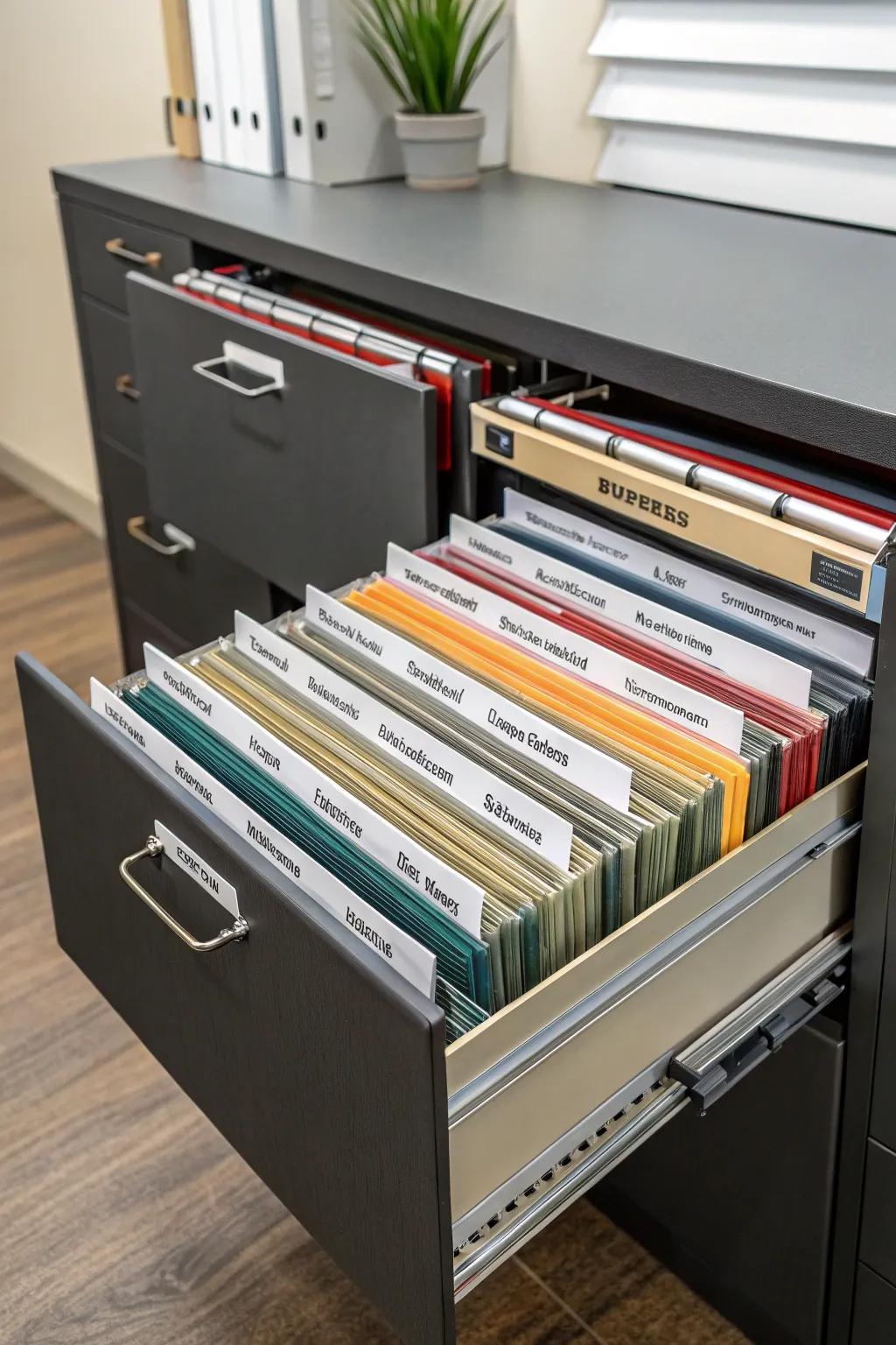 Hanging file folders provide organized and easy access to your paper collection.