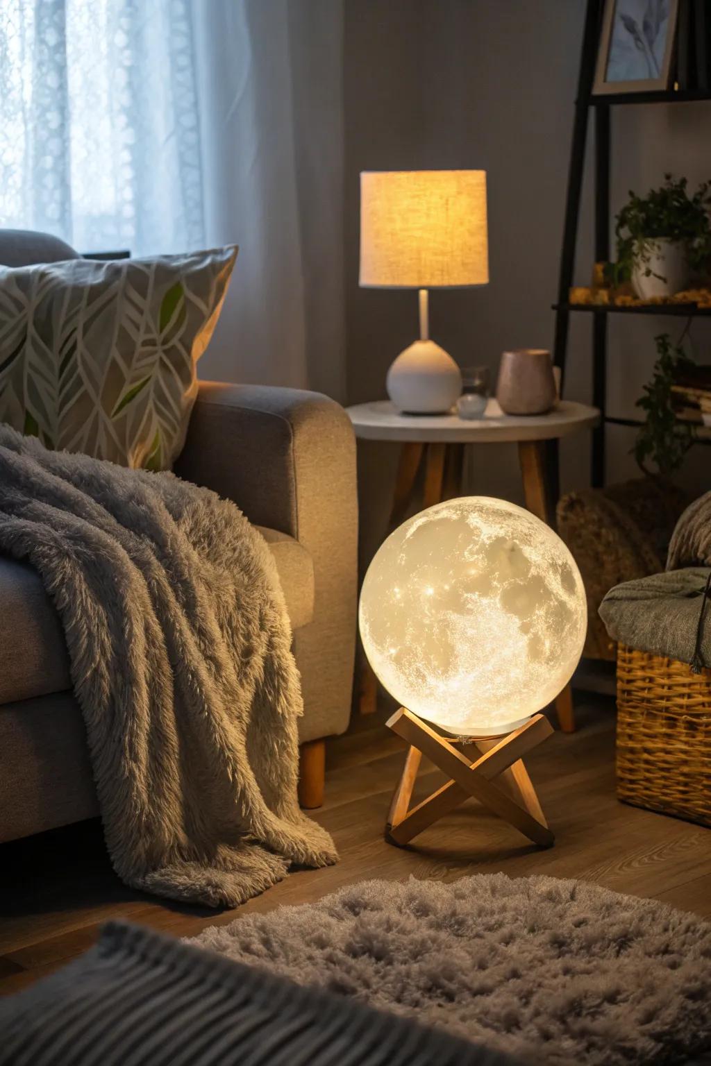 A 3D moon lamp adds a touch of magic and serenity to a teen's room.