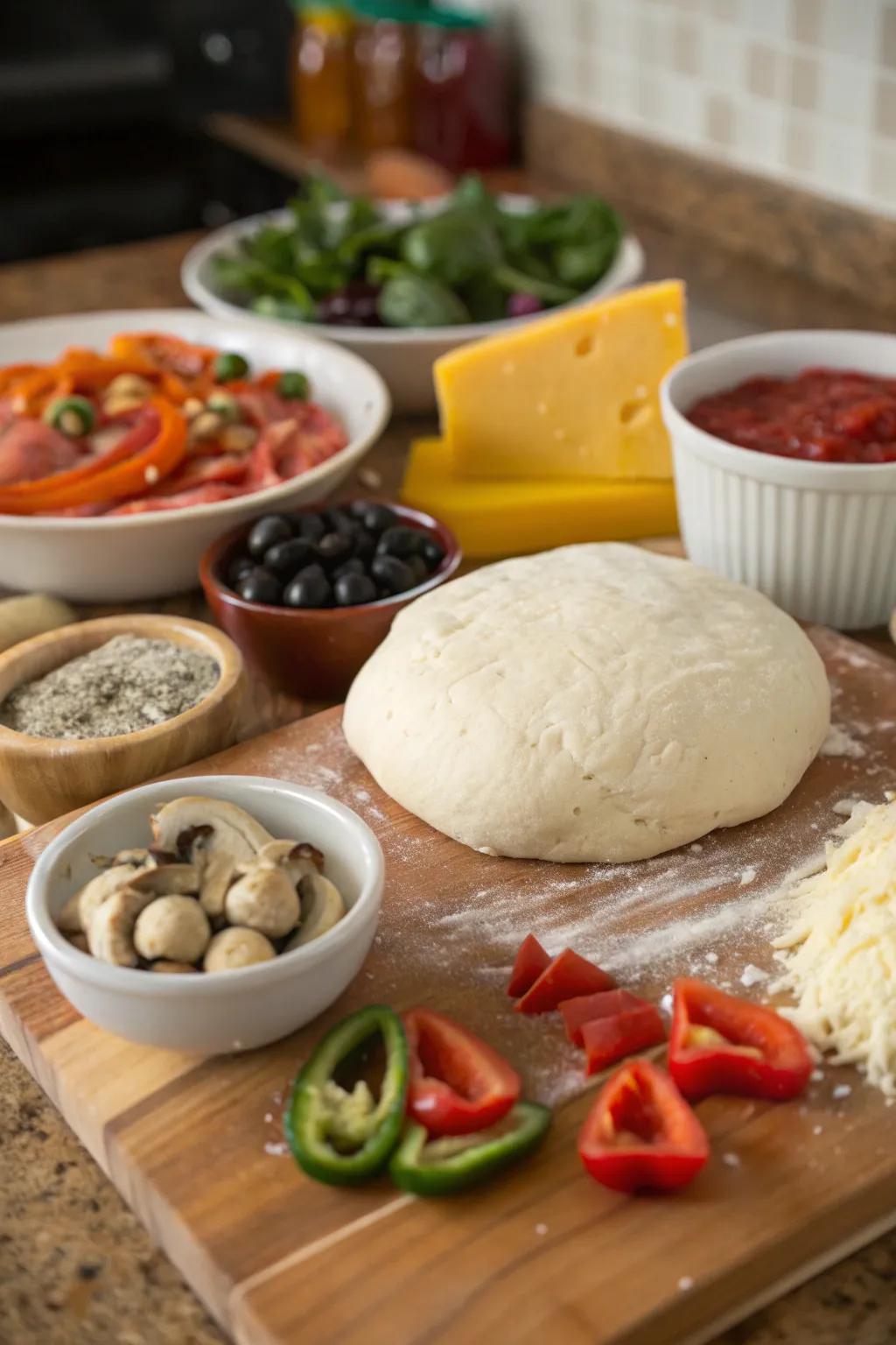 A kitchen ready for a fun pizza-making party with fresh ingredients.