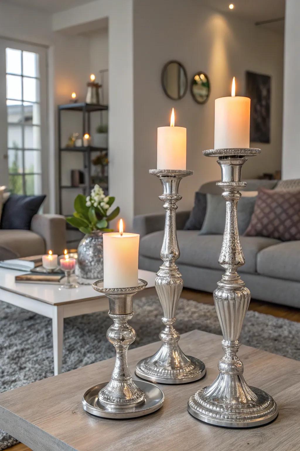 Silver candle holders create a warm, inviting atmosphere.