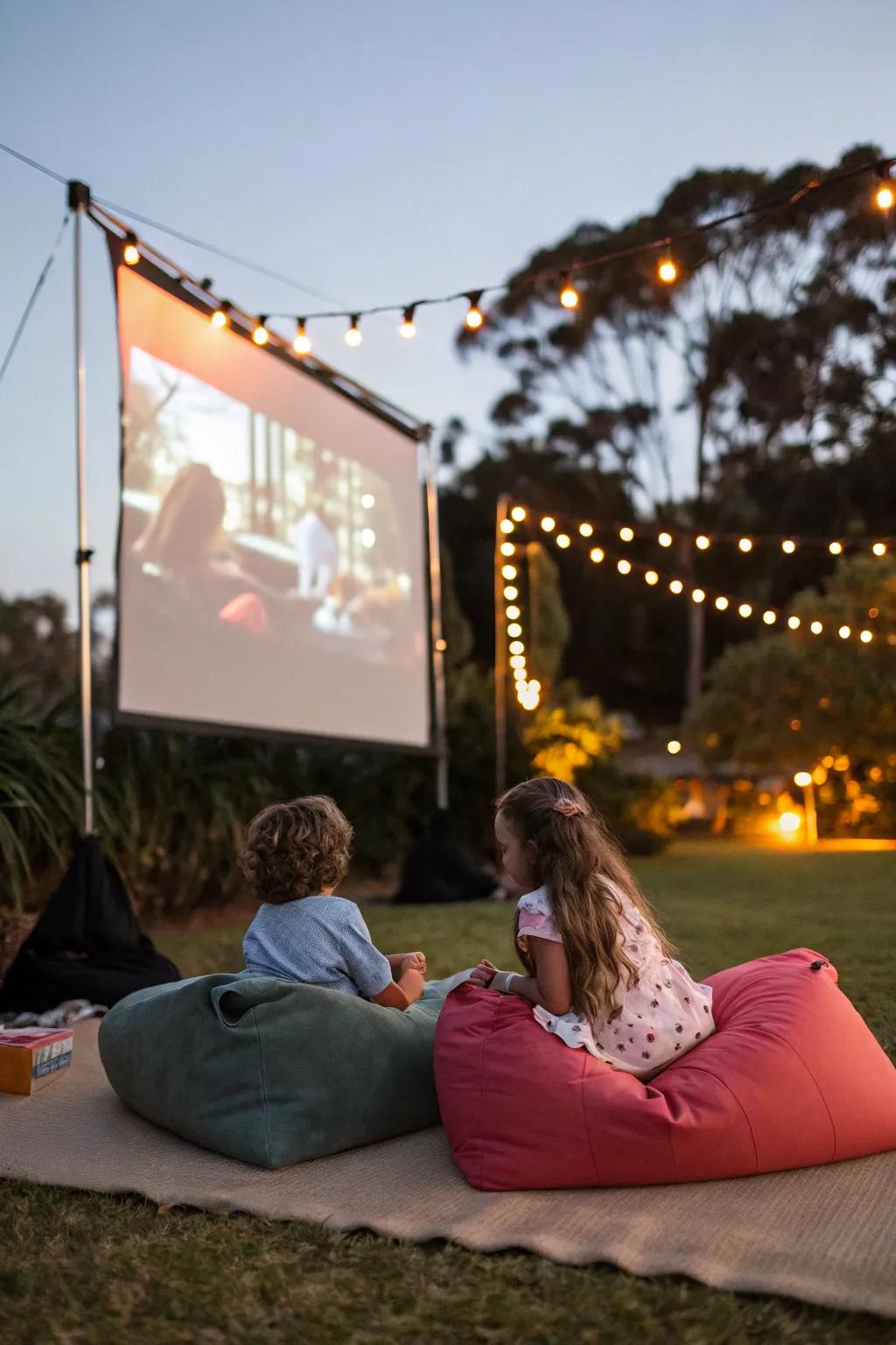 A cozy outdoor movie night setup ready for young viewers.