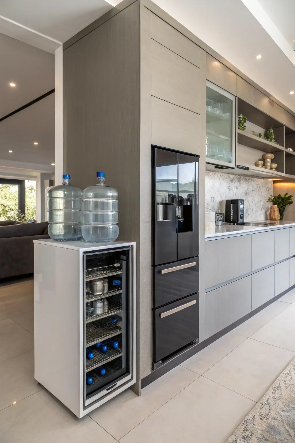 A custom cabinet keeps water jugs neatly stored and out of sight.