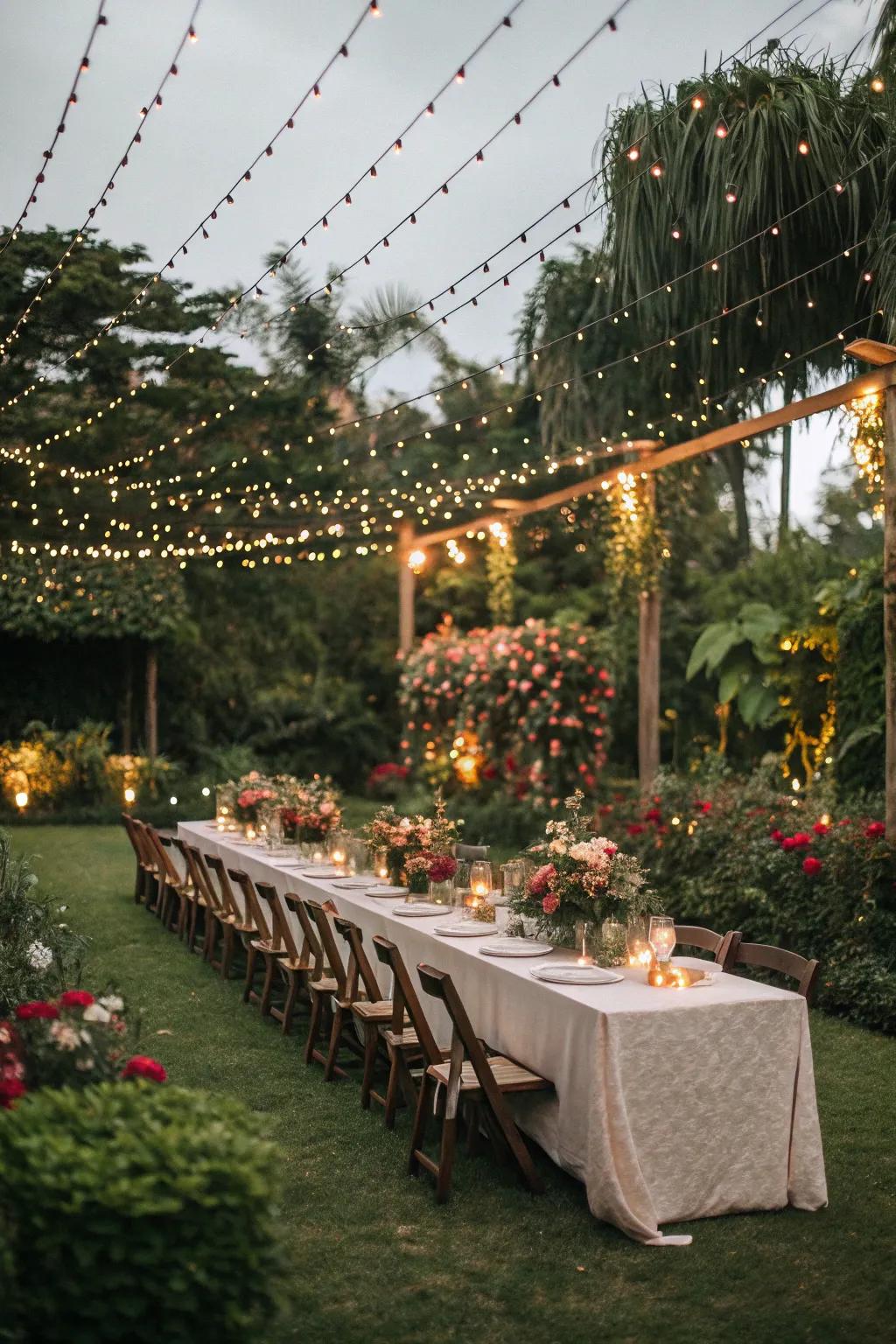 A picturesque garden soirée scene.