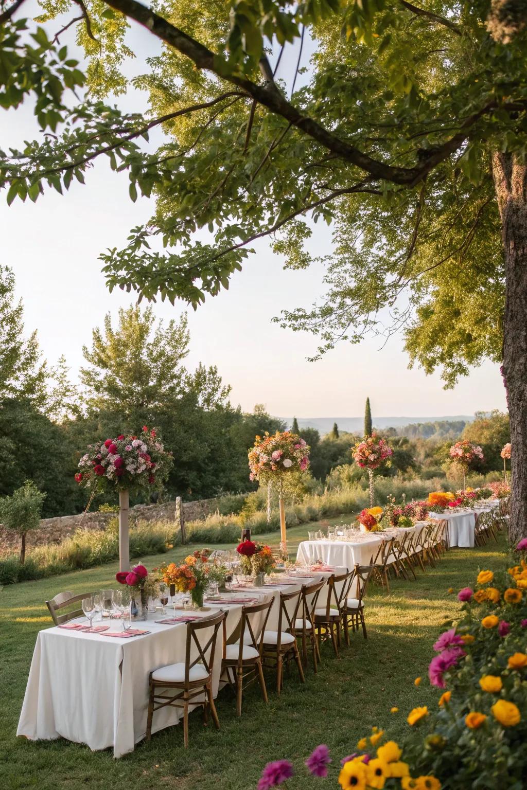 A charming garden party setup with natural decorations.