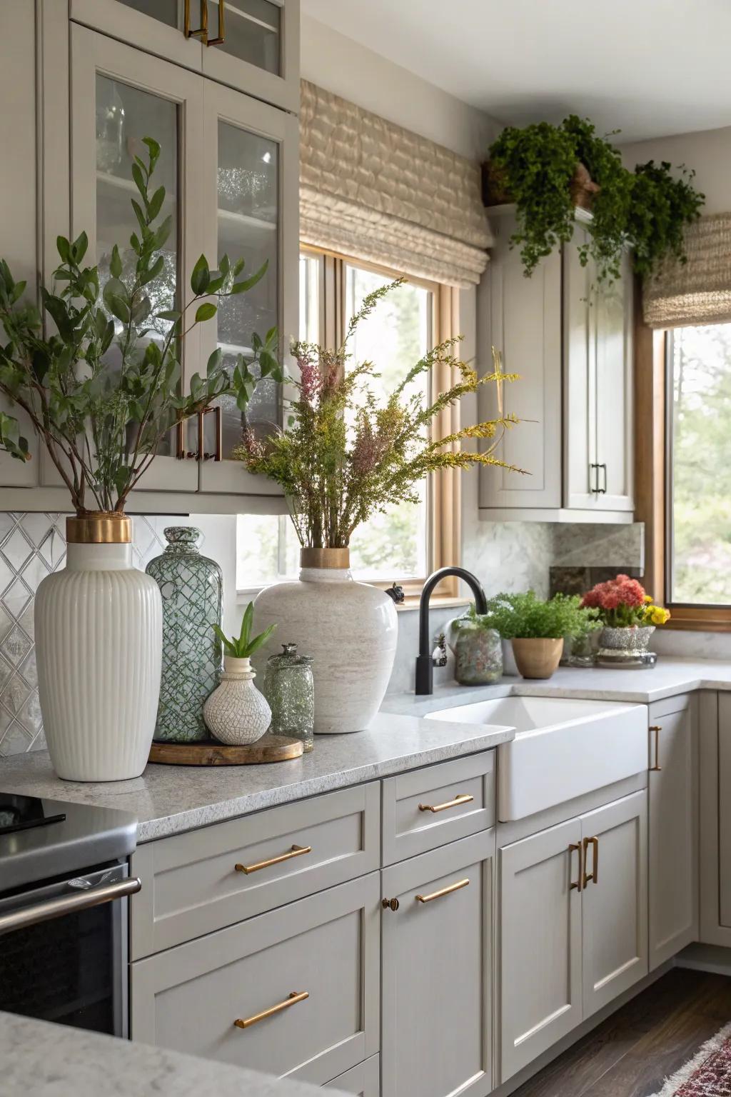 Vases and faux plants create a modern traditional look above cabinets.