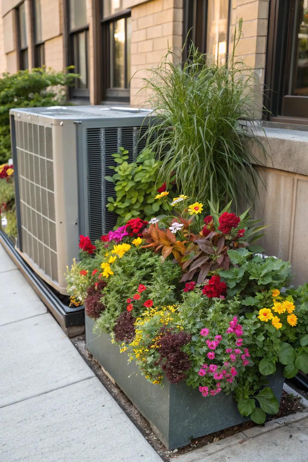 Planter box covers add greenery and disguise AC units beautifully.