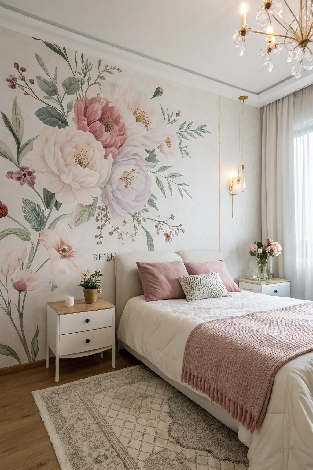 Floral wallpaper creates a romantic and feminine accent wall.