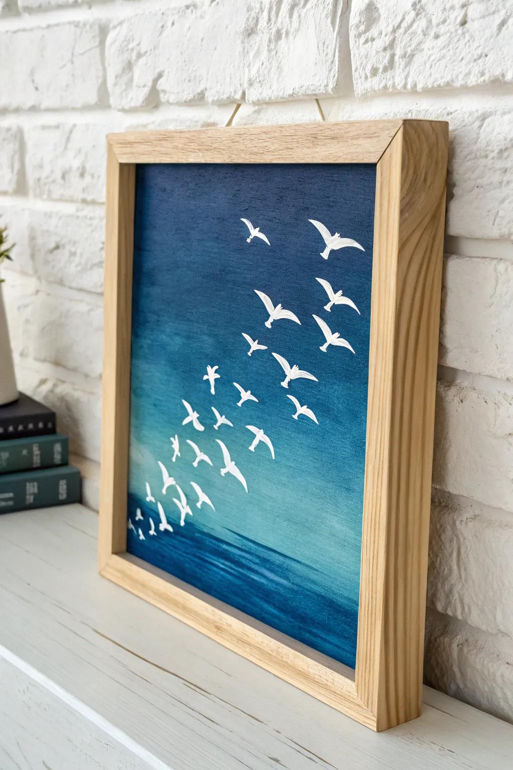 Elevate your space with the serene elegance of birds in flight on a calm blue canvas.