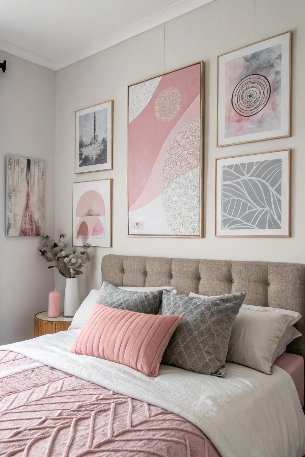 Abstract artwork in pink and grey adds personality to the space.