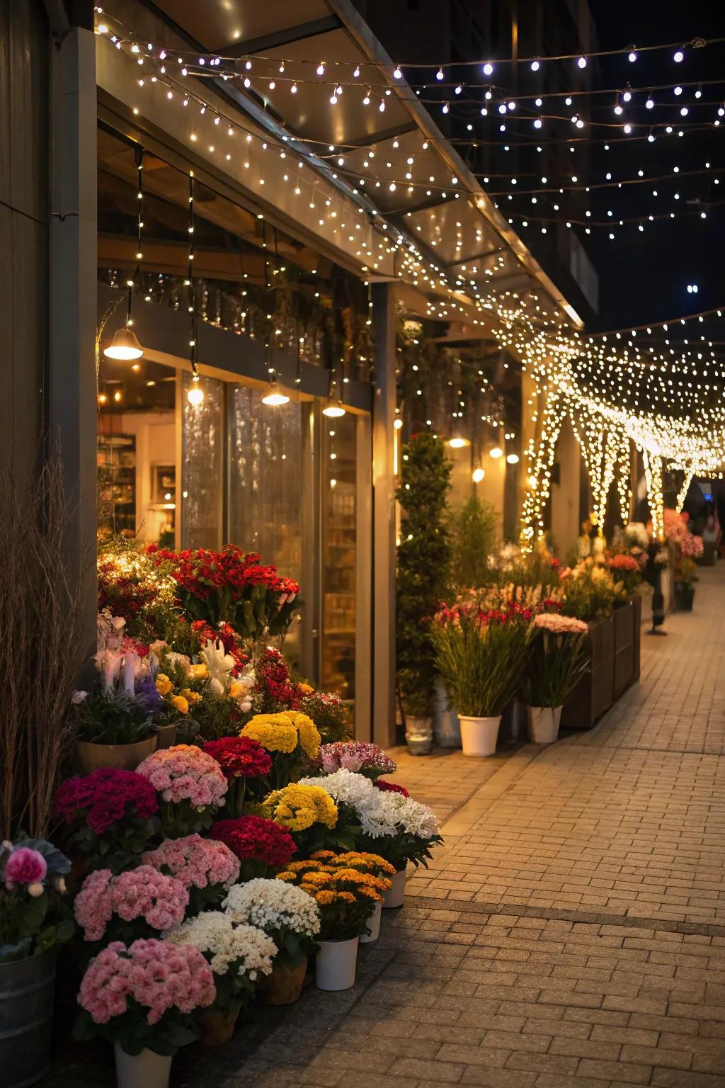 Creative lighting with fairy lights in a flower shop