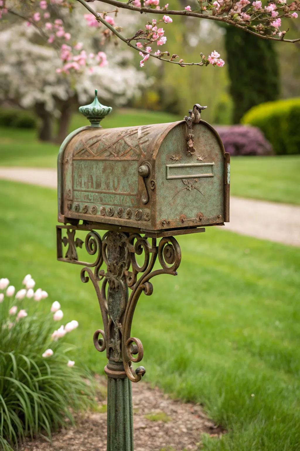 An antique-inspired mailbox with a vintage patina finish.