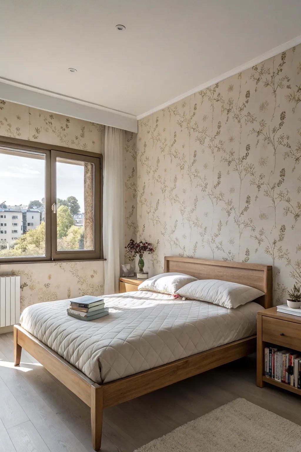 A minimalist bedroom with soft neutral wallpaper creating a zen-like ambiance.