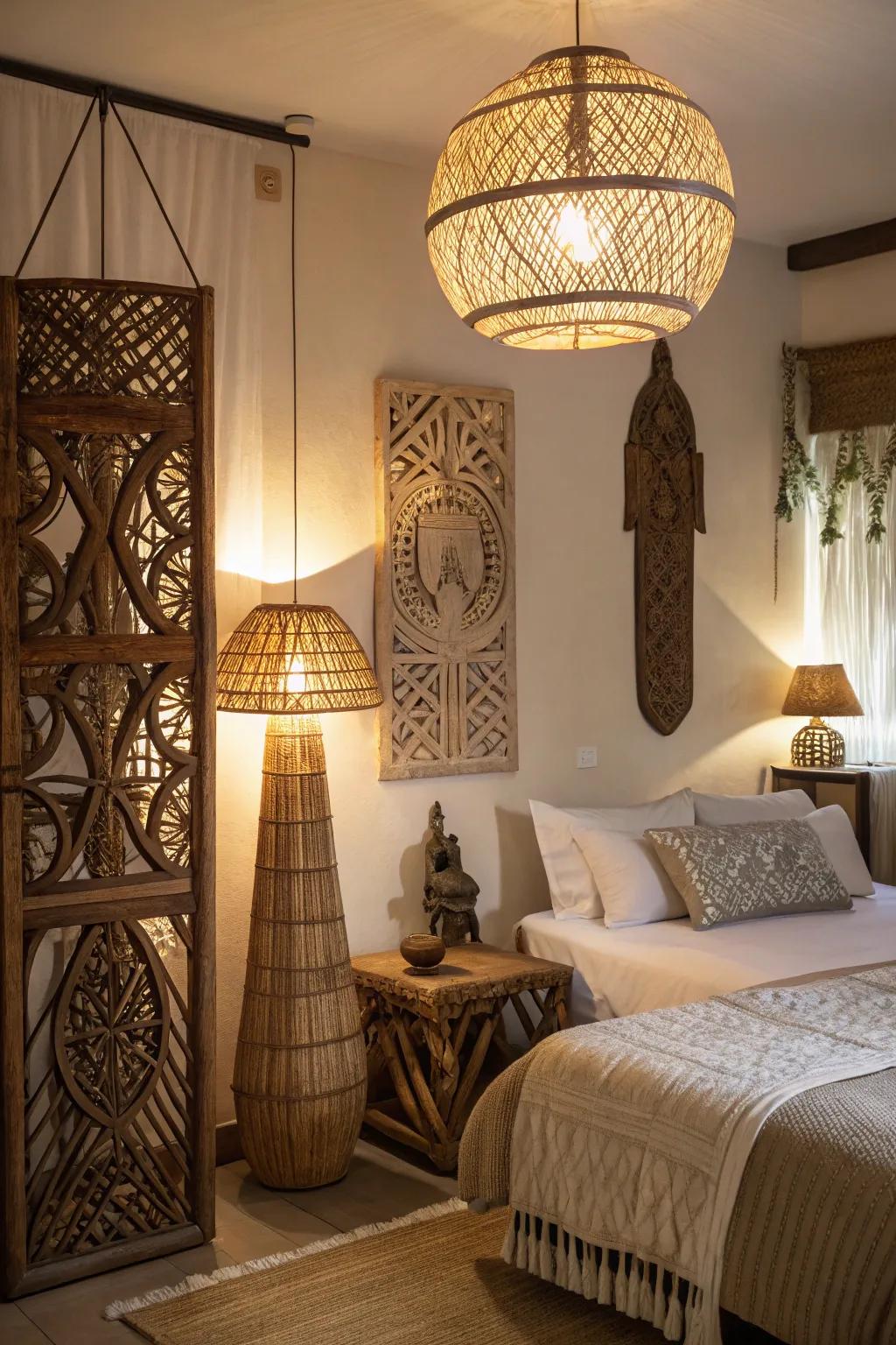 African-inspired lighting fixtures adding warmth and character to a bedroom.