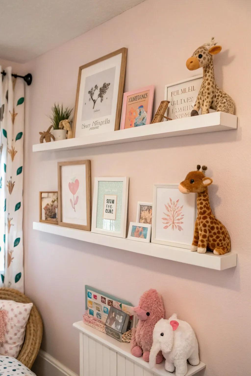 Floating shelves efficiently display animal-themed decor.