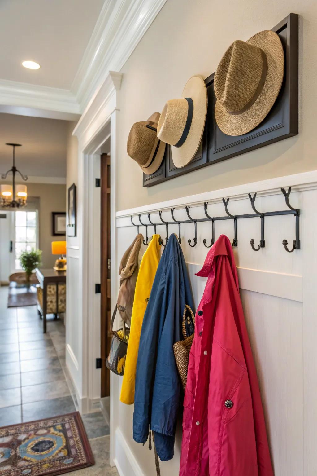 Wall hooks provide functional and stylish storage in entryways.