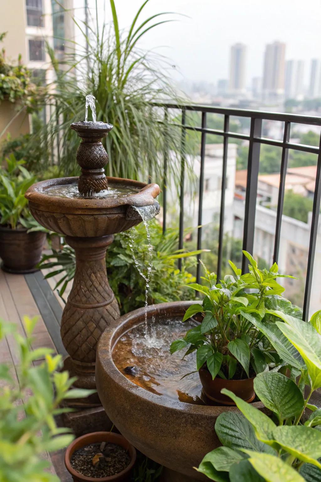 A serene water feature adds tranquility to apartment life.